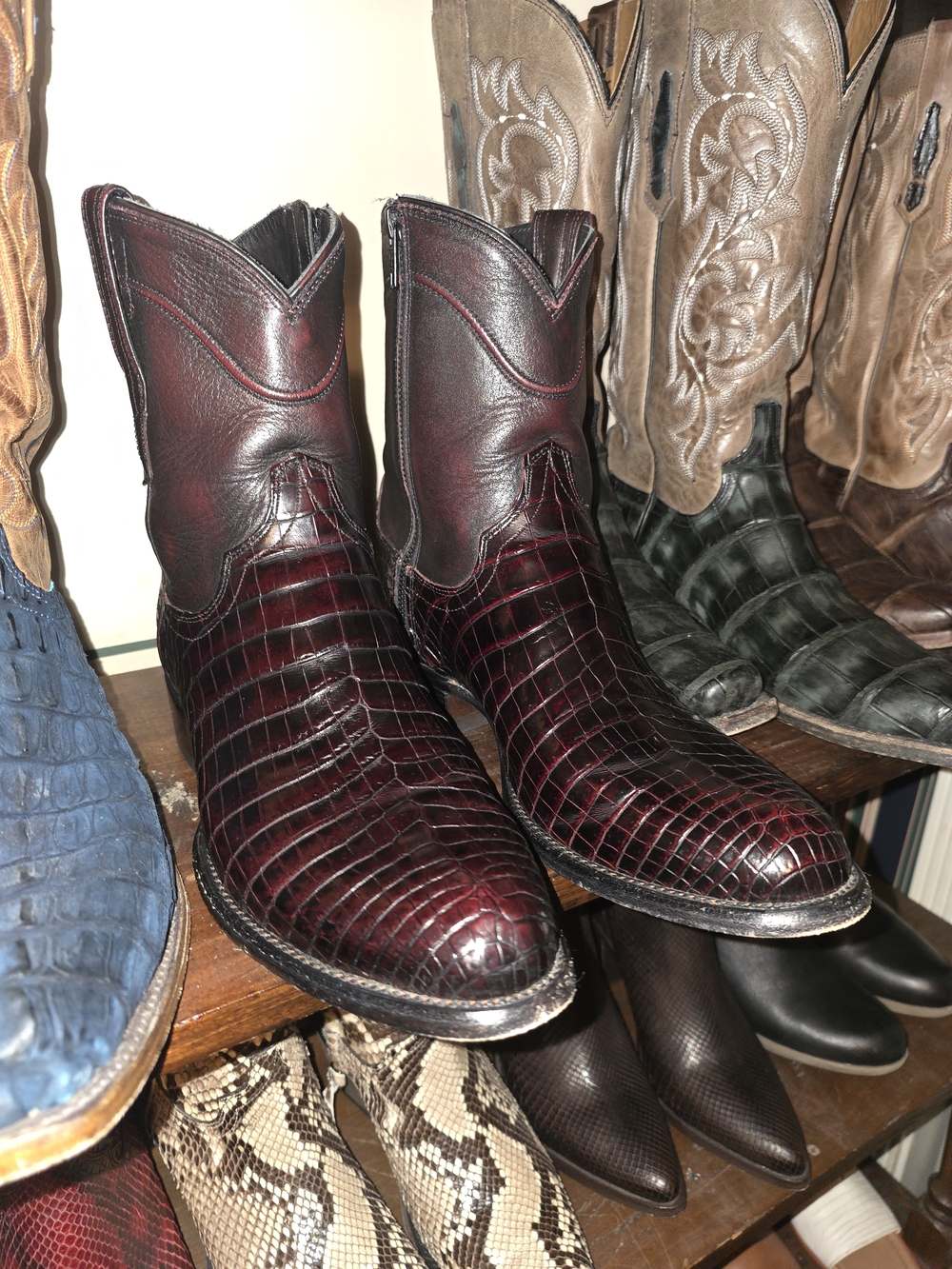 Croc-Embossed Burgundy Leather Western Boots with Side Zipper
